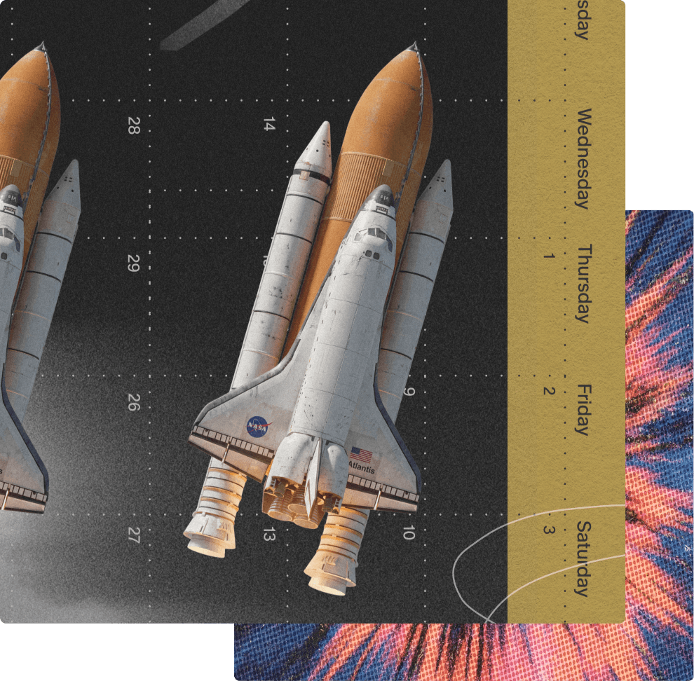Collage of space shuttles lifting off over a calendar grid
