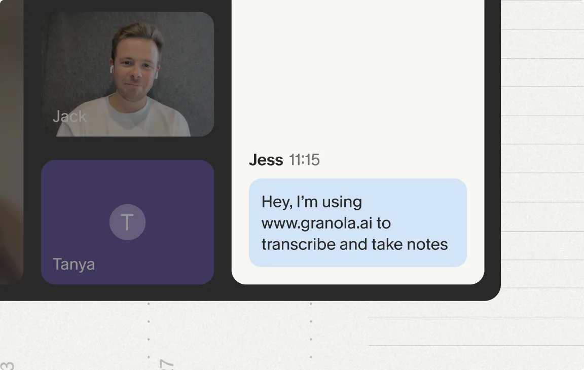 Meeting chat message telling participants Granola is transcribing the call
