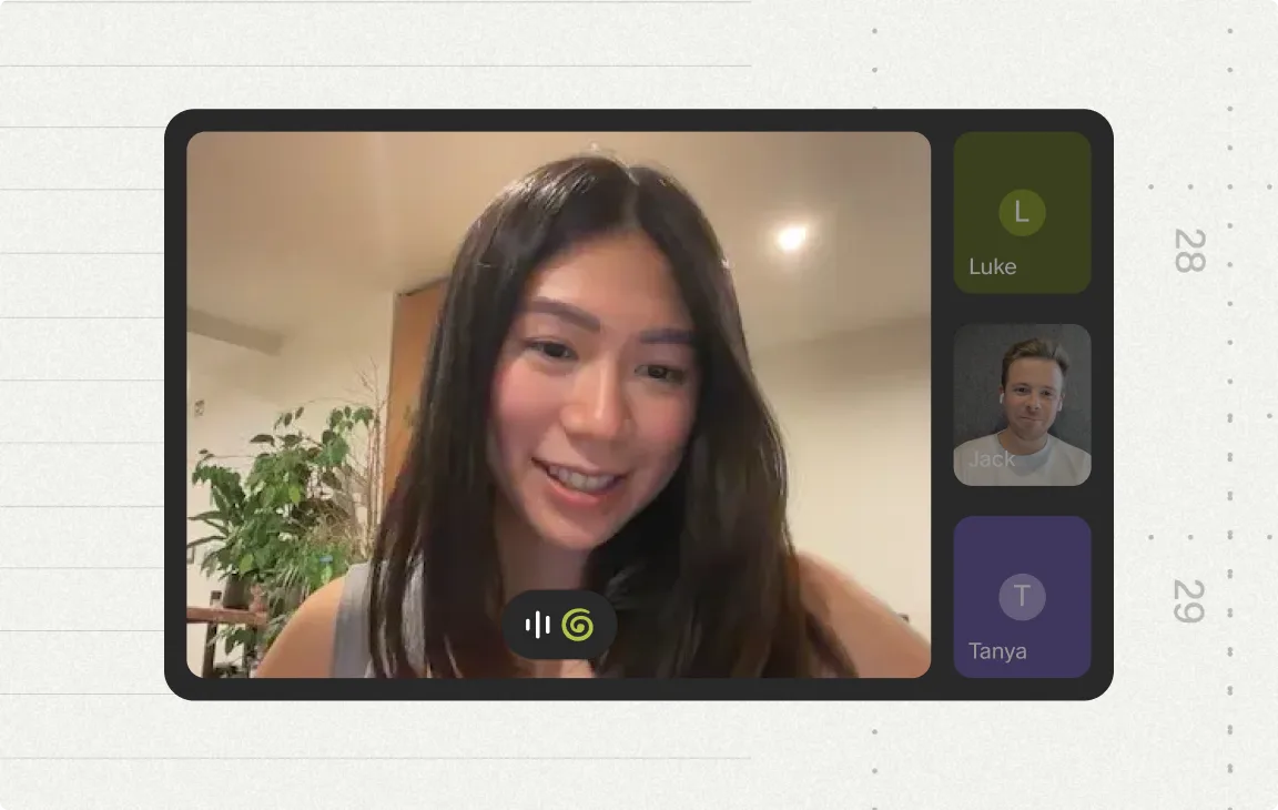 Video call with a transcribing watermark shown over the speaker's video