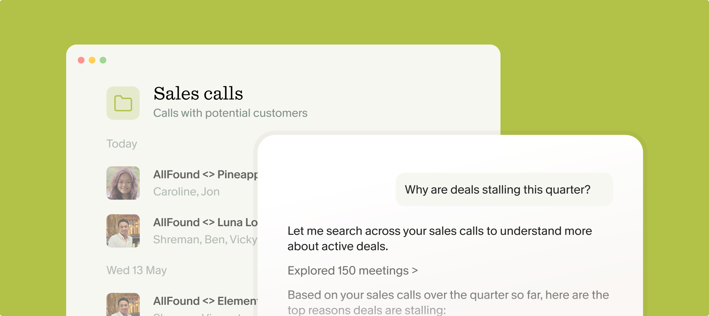 Asking Granola Chat why deals are stalling across a shared Sales calls folder